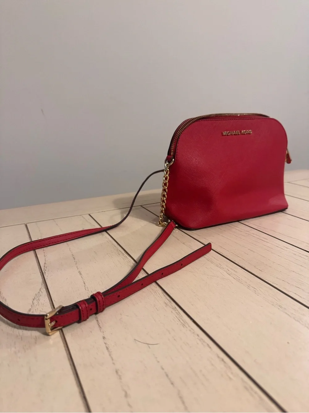 Michael Kors Red Saffiano Dome Crossbody with Gold Hardware